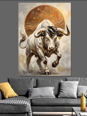 Tablomega Gökyüzünde Şahlanan Beyaz Boğa Figürü Dekoratif Kanvas - Mdf Ahşap Tablo