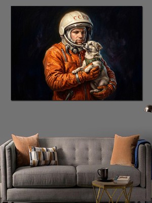 Tablomega Kucağında Yavru Köpekli Astronot Çocuk Dekoratif Kanvas - Mdf Ahşap Tablo