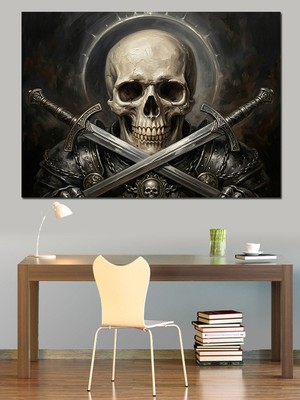 Tablomega Çapraz Kılıçlı Savaşçı Kurukafa Sanatı Dekoratif Kanvas - Mdf Ahşap Tablo