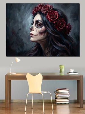 Tablomega Güllü Şeker Kurukafa Kadın Makyajı Dekoratif Kanvas - Mdf Ahşap Tablo