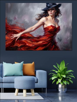 Tablomega Kırmızı Elbiseli Zarif Kadın Portresi Dekoratif Kanvas - Mdf Ahşap Tablo