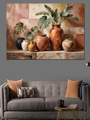 Tablomega Vazoda Bitkiler ve Rustik Natürmort Dekoratif Kanvas - Mdf Ahşap Tablo