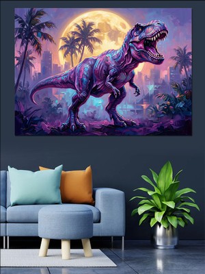 Tablomega Uzayda Koşan Mor Dinozor T-Rex Dekoratif Kanvas - Mdf Ahşap Tablo