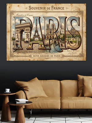Tablomega Paris Yazılı Nostaljik Şehir Tabelası Dekoratif Kanvas - Mdf Ahşap Tablo