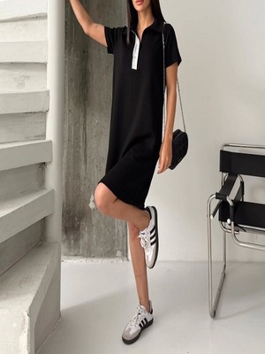 Menthol Fashion Polo Yaka, Şeritli Elbise