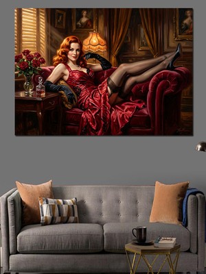 Tablomega Koltukta Uzanan Kırmızı Elbiseli Kadın Dekoratif Kanvas - Mdf Ahşap Tablo