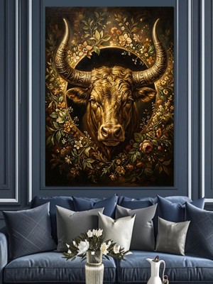 Tablomega Altın Boynuzlu Boğa Başı Illüstrasyonu Dekoratif Kanvas - Mdf Ahşap Tablo