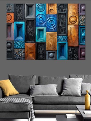 Tablomega Renkli Geometrik Çerçeveler Soyut Pano Dekoratif Kanvas - Mdf Ahşap Tablo