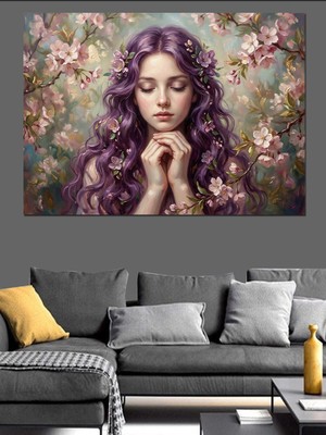 Tablomega Mor Saçlı Çiçekli Kız Portresi Dekoratif Kanvas - Mdf Ahşap Tablo
