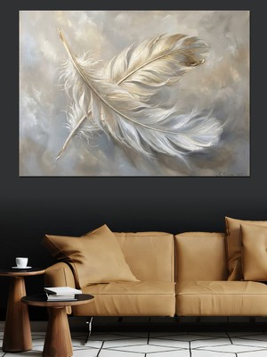 Tablomega Altın Renkli Büyük Kuş Tüyleri Dekoratif Kanvas - Mdf Ahşap Tablo