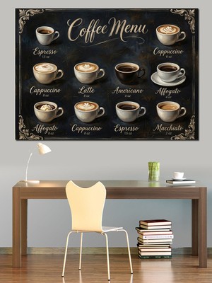 Tablomega Farklı Kahve Çeşitleri Menü Tasarımı Dekoratif Kanvas - Mdf Ahşap Tablo