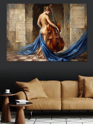 Tablomega Kontrbas Çalan Klasik Kadın Figürü Dekoratif Kanvas - Mdf Ahşap Tablo