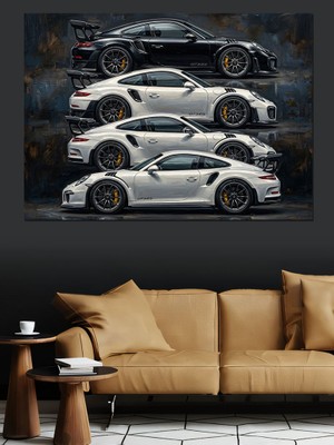 Tablomega Üçlü Beyaz Lüks Spor Arabalar Dekoratif Kanvas - Mdf Ahşap Tablo