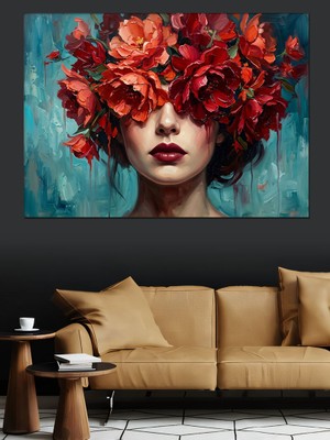 Tablomega Başı Kırmızı Güllerle Kaplı Kadın Dekoratif Kanvas - Mdf Ahşap Tablo
