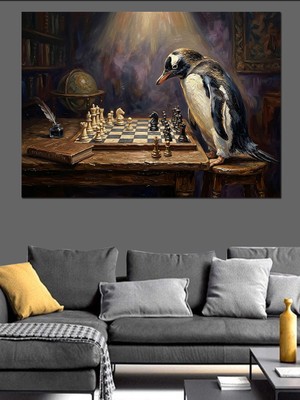Tablomega Satranç Oynayan Bilge Penguen Tablosu Dekoratif Kanvas - Mdf Ahşap Tablo