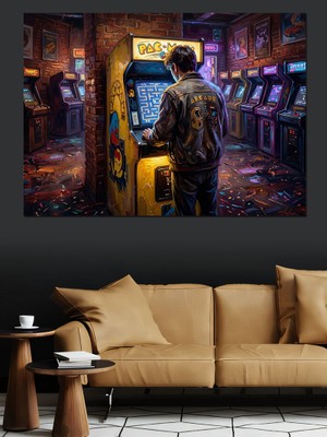 Tablomega Atari Salonunda Oyun Oynayan Adam Dekoratif Kanvas - Mdf Ahşap Tablo