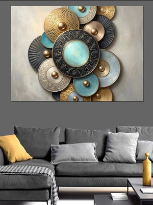 Tablomega Turkuaz Metalik Duvar Süsü Mandala Dekoratif Kanvas - Mdf Ahşap Tablo