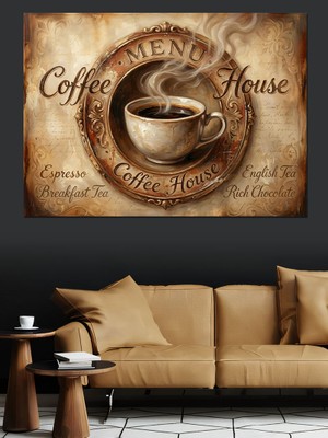 Tablomega Coffee Menu House Nostaljik Tabela Dekoratif Kanvas - Mdf Ahşap Tablo