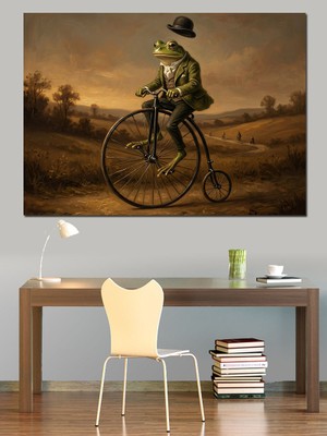Tablomega Bisiklet Süren Şapkalı Kurbağa Illüstrasyonu Dekoratif Kanvas - Mdf Ahşap Tablo