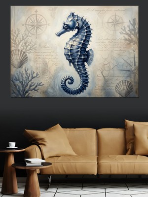 Tablomega Antik Kağıt Üzerinde Mavi Denizatı Dekoratif Kanvas - Mdf Ahşap Tablo