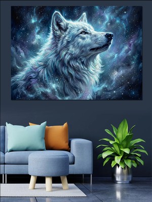 Tablomega Mavi Işıklı Kozmik Kurt Portresi Dekoratif Kanvas - Mdf Ahşap Tablo