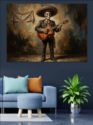 Tablomega Gitar Çalan Meksikalı Müzisyen Iskelet Dekoratif Kanvas - Mdf Ahşap Tablo