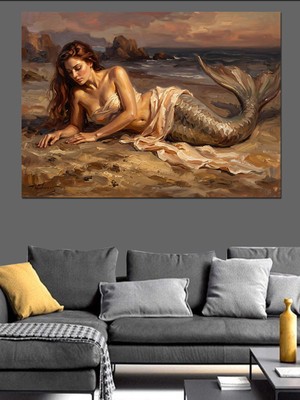 Tablomega Sahilde Uzanan Deniz Kızı Tablosu Dekoratif Kanvas - Mdf Ahşap Tablo