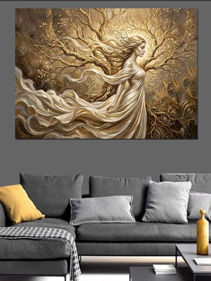 Tablomega Altın Hayat Ağacı ve Melek Dekoratif Kanvas - Mdf Ahşap Tablo