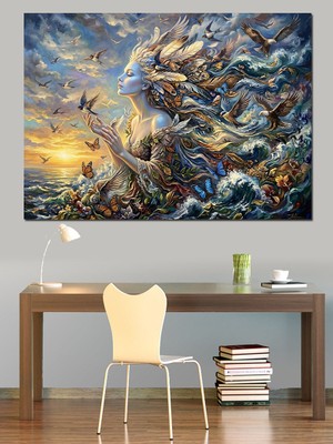 Tablomega Deniz Dalgaları ve Mistik Kadın Dekoratif Kanvas - Mdf Ahşap Tablo