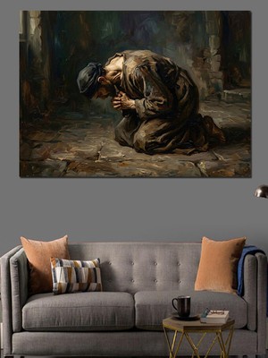 Tablomega Karanlıkta Dua Eden Insan Figürü Dekoratif Kanvas - Mdf Ahşap Tablo