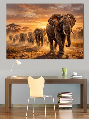 Tablomega Gün Batımında Yürüyen Fil Ailesi Dekoratif Kanvas - Mdf Ahşap Tablo