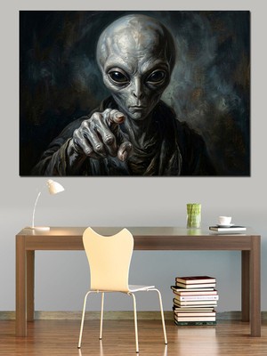 Tablomega Karanlıkta Düşünen Uzaylı Alien Portresi Dekoratif Kanvas - Mdf Ahşap Tablo