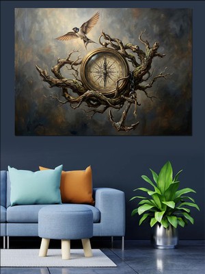 Tablomega Antik Saat ve Kanatlı Simge Dekoratif Kanvas - Mdf Ahşap Tablo