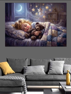 Tablomega Oyuncak Ayısıyla Uyuyan Küçük Çocuk Dekoratif Kanvas - Mdf Ahşap Tablo