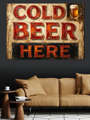 Tablomega Cold Beer Here Retro Tabela Dekoratif Kanvas - Mdf Ahşap Tablo