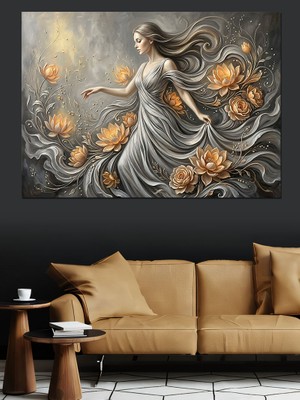 Tablomega Çiçekler Arasında Süzülen Beyazlı Kadın Dekoratif Kanvas - Mdf Ahşap Tablo