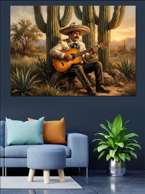 Tablomega Çölde Gitar Çalan Meksikalı Müzisyen Dekoratif Kanvas - Mdf Ahşap Tablo