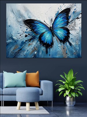 Tablomega Sanatsal Mavi Kelebek Boya Sıçraması Dekoratif Kanvas - Mdf Ahşap Tablo