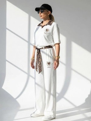 Mint 7539 Leopar Yakalı Kemerli Takım Beyaz