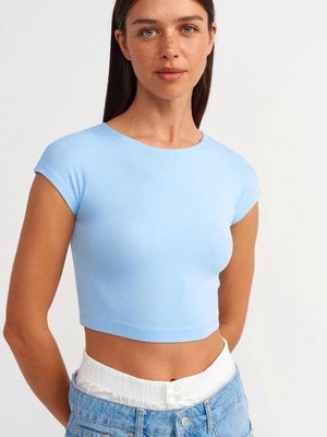 Dilvin 30528 Modal Pamuklu Crop T-Shirt Açık Mavi