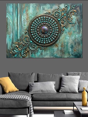 Karizma Tablo Turkuaz Zemin Üzerinde Mistik Mandala Dekoratif Kanvas - Mdf Ahşap Tablo