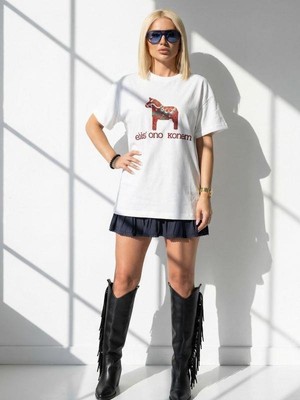 Mint 7596 Atlı Konem Taşlı Tişört Beyaz