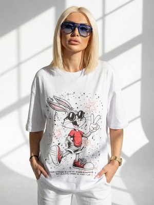 Mint 7589 Bunny Zımbalı Tişört Beyaz