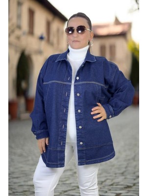 Metal Düğme Kapama Geniş Torba Cepli Ekstra Büyük Beden Kot Ceket