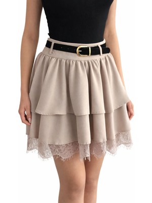 Lubiti Dantel Detaylı Kemerli Krep Kumaş Mini Etek