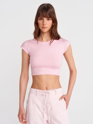 Dilvin 30528 Modal Pamuklu Crop T-Shirt Pudra
