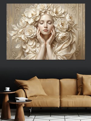 Karizma Tablo Çiçekler Içinde Beyaz Kadın Büstü Dekoratif Kanvas - Mdf Ahşap Tablo