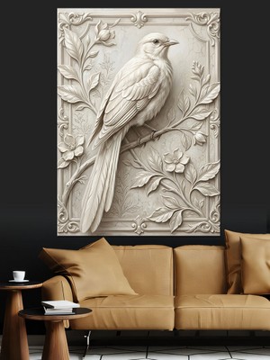 Karizma Tablo Beyaz Kabartma Tekli Kuş Figürü Dekoratif Kanvas - Mdf Ahşap Tablo