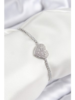 Clariss Pirinç Zirkon Taşlı Kalp Model Gümüş Renk Asansörlü Kadın Bileklik