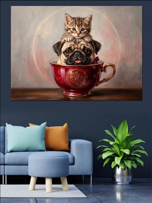 Karizma Tablo Kupa Içinde Kedi ve Köpek Dekoratif Kanvas - Mdf Ahşap Tablo